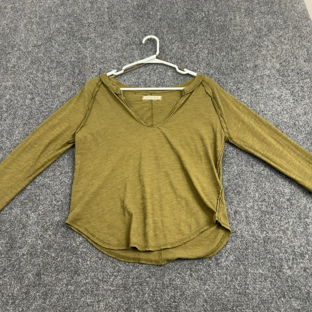 Free People Top Women M Olive Green Cotton Blend V Neck Exposed Seams Boho